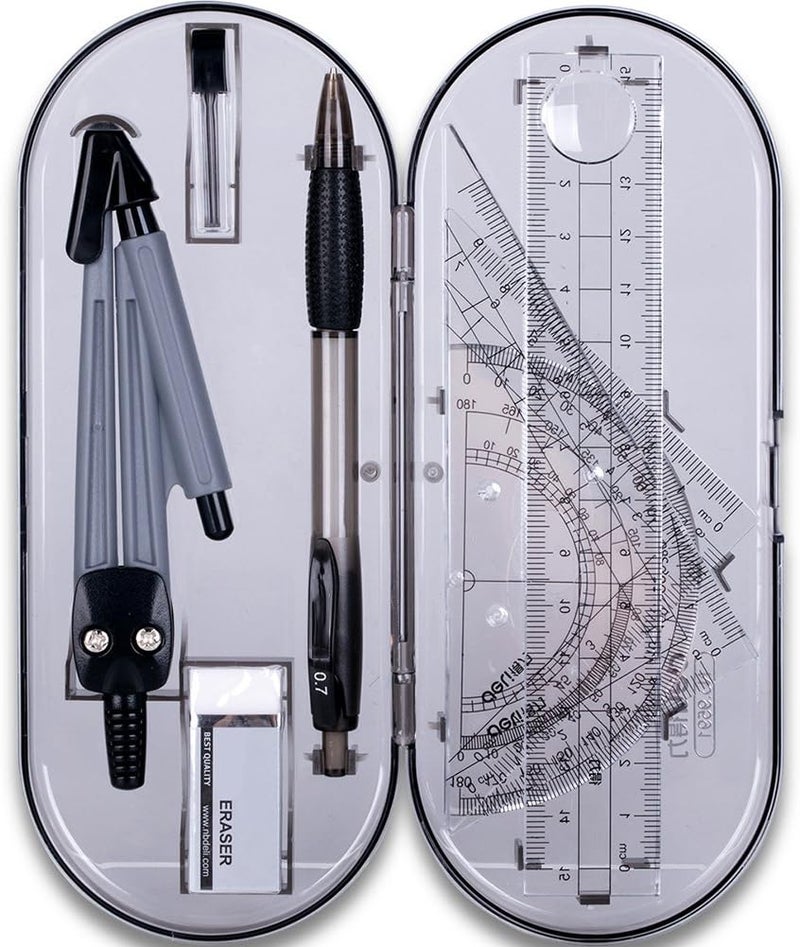 MeetUs Math Geometry Kit Set 8 Pieces Student Supplies with Shatterproof Storage Box & Reusable Pouch,Includes Rulers,Protractor,Compass,Pencil,Eraser.for Students and Engineering Drawings - Image 1